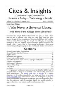Cites & Insights Crawford at Large/Online Edition Libraries • Policy • Technology • Media Volume 12, Number 7: August 2012