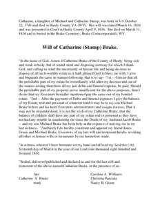 Last Will and Testament of Catharine (Stump) Brake