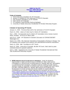 USNC for the IPY February 2006 Newsgram http://us-ipy.org Table of Contents 1. NASA Announces Solicitation for IPY Proposals