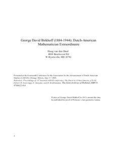 George David Birkhoff[removed]): Dutch-American Mathematician Extraordinaire Huug van den Dool