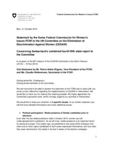 Federal Commission for Women’s Issues FCWI  Bern, 31 October 2016 adfdsStatement by the Swiss Federal Commission for Women’s