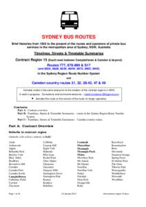 SYDNEY BUS ROUTES Brief histories from 1925 to the present of the routes and operators of private bus services in the metropolitan area of Sydney, NSW, Australia Timelines, Streets & Timetable Summaries Contract Region 1