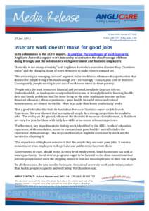 Anglicare Australia - Low income keeps people out of work, p2  PO Box 4093, Ainslie ACTJan 2012