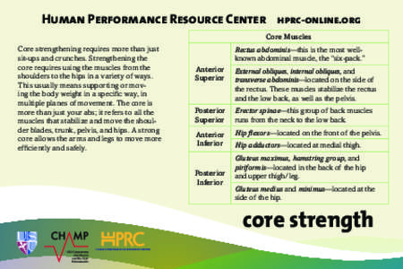 Human Performance Resource Center hprc-online.org Core Muscles Core strengthening requires more than just sit-ups and crunches. Strengthening the core requires using the muscles from the shoulders to the hips in a variet