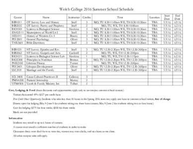 Welch College 2016 Summer School Schedule Course Name  Instructor Credits