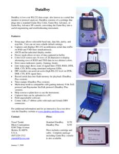 DataBoy DataBoy is low-cost RS-232 data scope, also known as a serial line monitor or protocol analyzer. DataBoy consists of a cartridge that plugs into a standard Game Boy Color, Game Boy Advance, or Game Boy Advance SP