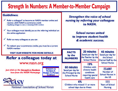 Strength In Numbers: A Member-to-Member Campaign Guidelines:  Refer a colleague* to become an NASN member online and receive a $10 NASN e-commerce credit