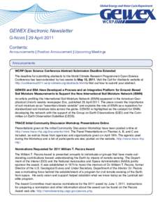 GEWEX Electronic Newsletter G-News | 29 April 2011 Contents: Announcements | Position Annoucement | Upcoming Meetings Announcements