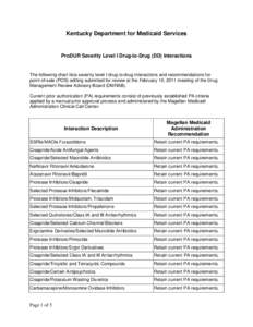 Kentucky Department for Medicaid Services  ProDUR Severity Level I Drug-to-Drug (DD) Interactions The following chart lists severity level I drug-to-drug interactions and recommendations for point-of-sale (POS) editing s