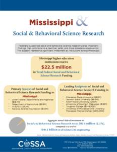 Mississippi Social & Behavioral Science Research Federally-supported social and behavioral science research yields important findings that contribute to a healthier, safer, and more prosperous population. This support re