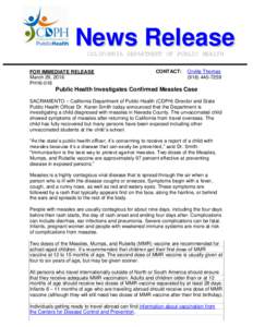 News Release CALIFORNIA DEPARTMENT OF PUBLIC HEALTH FOR IMMEDIATE RELEASE March 29, 2016 PH16-018