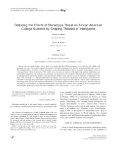 Journal of Experimental Social Psychology 37, 000 – [removed]doi:[removed]jesp[removed], available online at http://www.idealibrary.com on Reducing the Effects of Stereotype Threat on African American College Student