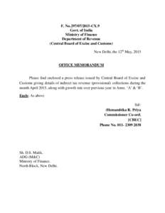 F. NoCX.9 Govt. of India Ministry of Finance Department of Revenue (Central Board of Excise and Customs) New Delhi, the 12th May, 2015