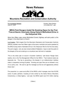News Release  Mountains Recreation and Conservation Authority For Immediate Release June 27, 2007