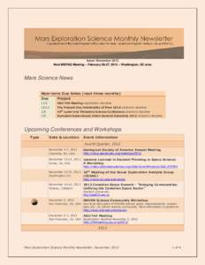 Issue: November 2012 Next MEPAG Meeting – February 26-27, 2013 – Washington, DC area Mars Science News Near-term Due Dates (next three months) Due