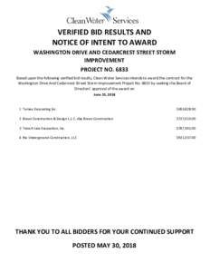 VERIFIED BID RESULTS AND NOTICE OF INTENT TO AWARD WASHINGTON DRIVE AND CEDARCREST STREET STORM IMPROVEMENT PROJECT NOBased upon the following verified bid results, Clean Water Services intends to award the contra