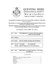 QUESTING HEIRS GENEALOGICAL SOCIETY N e w s l e tt e r Volume 44  Number 1  January 2011
