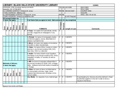 LIBRARY: BLACK HILLS STATE UNIVERSITY LIBRARY  CODES X