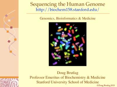 Sequencing the Human Genome http://biochem158.stanford.edu/ Genomics, Bioinformatics & Medicine Doug Brutlag Professor Emeritus of Biochemistry & Medicine
