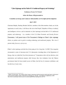 Testimony of Larry Wortzel, U.S.- China Economic and Security Review Commission, Hearing on “Cyber Espionage and the Theft of U.S. Intellectual Property and Technology,” Subcommittee on Oversight and Investigations (
