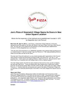 Original Joe’s Pizza of Greenwich Village Expands to New Union Square Location