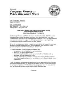 Minnesota  Campaign Finance and Public Disclosure Board FOR IMMEDIATE RELEASE September 4, 2012
