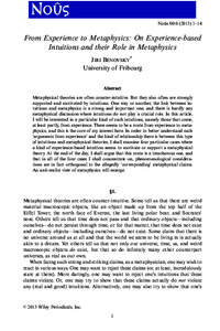 ˆ 00:[removed]–14 Nous From Experience to Metaphysics: On Experience-based Intuitions and their Role in Metaphysics JIRI BENOVSKY*