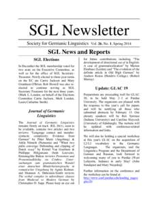 SGL Newsletter Society for Germanic Linguistics Vol. 26, No. 1, SpringSGL News and Reports