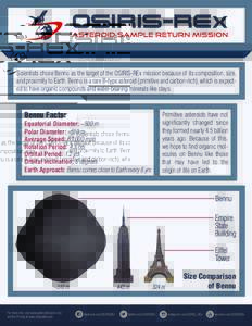 Scientists chose Bennu as the target of the OSIRIS-REx mission because of its composition, size, and proximity to Earth. Bennu is a rare B-type asteroid (primitive and carbon-rich), which is expected to have organic comp