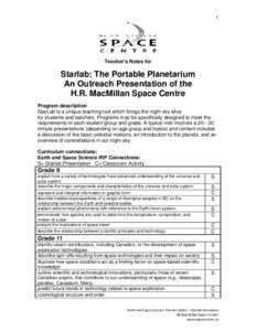 1  Teacher’s Notes for Starlab: The Portable Planetarium An Outreach Presentation of the