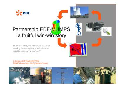 Partnership EDF-MUMPS, a fruitful win-win story How to manage the crucial issue of solving linear systems in industrial quality assurance codes ?