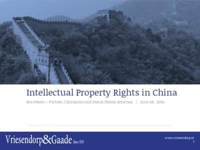 Intellectual Property Rights in China Bas Peters – Partner / European and Dutch Patent Attorney | June 28, 2016 www.vriesendorp.nl 1