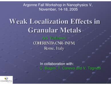Argonne Fall Workshop in Nanophysics V, November, 14-18, 2005 Weak Localization Effects in Granular Metals A.A. Varlamov