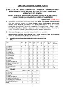 CENTRAL RESERVE POLICE FORCE (OFFICE OF THE INSPECTOR GENERAL OF POLICE, CENTRAL RESERVE POLICE FORCE, WEST BENGAL SECTOR, SECTOR-3, SALTLAKE, KOLKATA(WEST BENGAL)  RECRUITMENT FOR THE POST OF CONSTABLE (TECHNICAL & TRAD