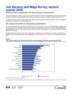 Job Vacancy and Wage Survey, second quarter 2016 Released at 8:30 a.m. Eastern time in The Daily, Wednesday, October 26, 2016 Canadian employers reported 392,000 job vacancies in the second quarter, and the job vacanc