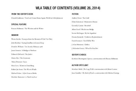 WLA Table of Contents (Volume 26, 2014) From the Editor’s Desk Fiction  Donald Anderson / You Can’t Come Home Again: Phil Klay’s Redeployment