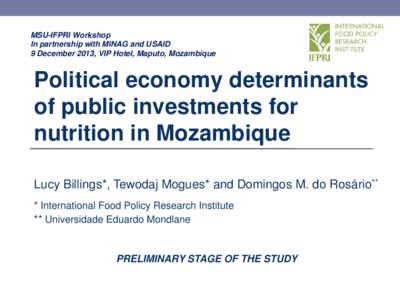 MSU-IFPRI Workshop In partnership with MINAG and USAID 9 December 2013, VIP Hotel, Maputo, Mozambique Political economy determinants of public investments for