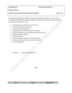 Company Name  Document Reference: #3 PC/Pre Document Document Type: Good Manufacturing Practices (GMP’s)