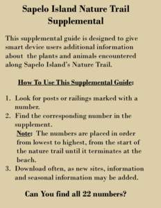 Sapelo Island Nature Trail Supplemental This supplemental guide is designed to give smart device users additional information about the plants and animals encountered along Sapelo Island’s Nature Trail.