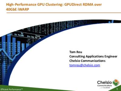 High-Performance	GPU	Clustering:	GPUDirect	RDMA	over	 40GbE	iWARP Tom	Reu	 Consulting	Applications	Engineer	 Chelsio	Communications