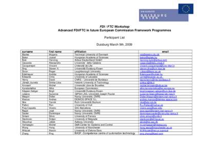 FDI / FTC Workshop Advanced FDI/FTC in future European Commission Framework Programmes Participant List Duisburg March 9th, 2009 surname