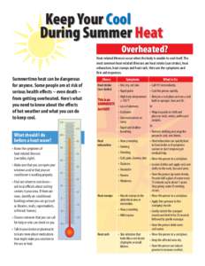 Medical emergencies / Heat wave / Heat illness / Heat stroke / Heat exhaustion / Heat cramps / Miliaria / Air conditioning / Heat index / Perspiration / Cool / Hyperthermia