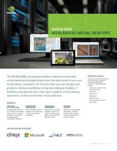 NVIDIA GRID ACCELERATED VIRTUAL DESKTOPS ™ The NVIDIA GRID virtualization platform delivers accelerated virtual desktops and applications from the data center to any user,