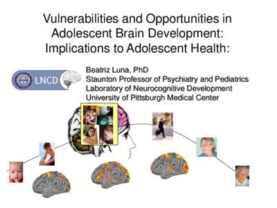 Vulnerabilities and Opportunities in Adolescent Brain Development: Implications to Adolescent Health: Beatriz Luna, PhD Staunton Professor of Psychiatry and Pediatrics Laboratory of Neurocognitive Development