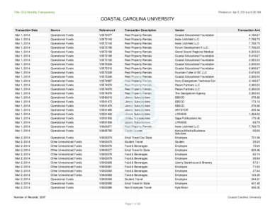 Title: CCU Monthly Transparency  Printed on: Apr 5, 2014 at 6:30 AM COASTAL CAROLINA UNIVERSITY Transaction Date