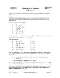 The Mathematics 11 Competency Test Terminology of Algebraic Expressions
