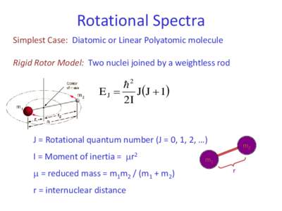 Rotational Spectra Simplest Case: Diatomic or Linear Polyatomic molecule Rigid Rotor Model: Two nuclei joined by a weightless rod 2 EJ =
