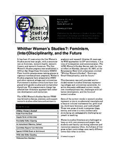 Volume 22, no. 1 Spring 2007 ISSN 0895-691X NEWSLETTER Published by the Women’s Studies Section of the, Association of College and Research Libraries,