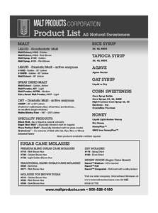 MALT PRODUCTS CORPORATION  Product List All Natural Sweeteners MALT
