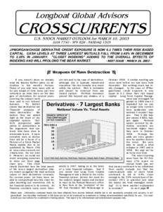Longboat Global Advisors  CROSSCURRENTS U.S. STOCK MARKET OUTLOOK for MARCH 10, 2003 DJIASPXNASDAQ 1305 JPMORGAN/CHASE DERIVATIVE CREDIT EXPOSURE IS NOW 6.2 TIMES THEIR RISK BASED